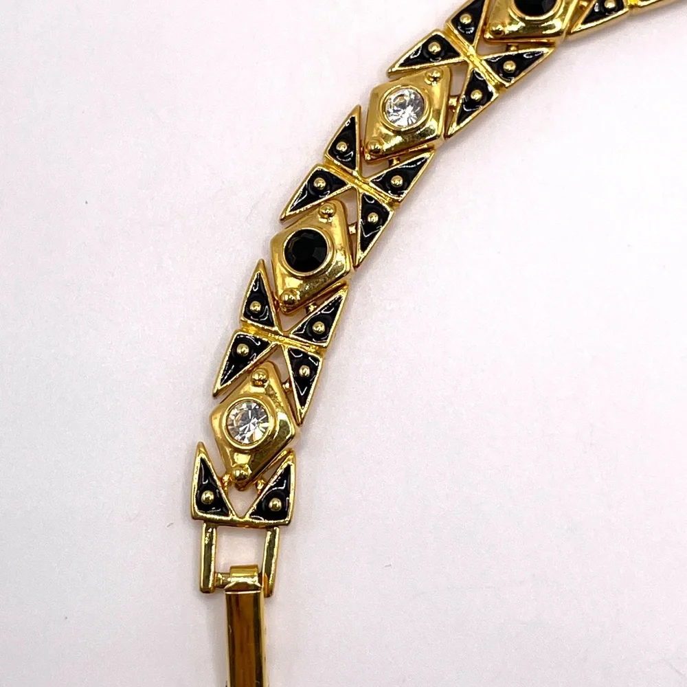 Joan Rivers Signed Vintage Gold Tone Crystal Enamel Link Bracelet 7 1/4